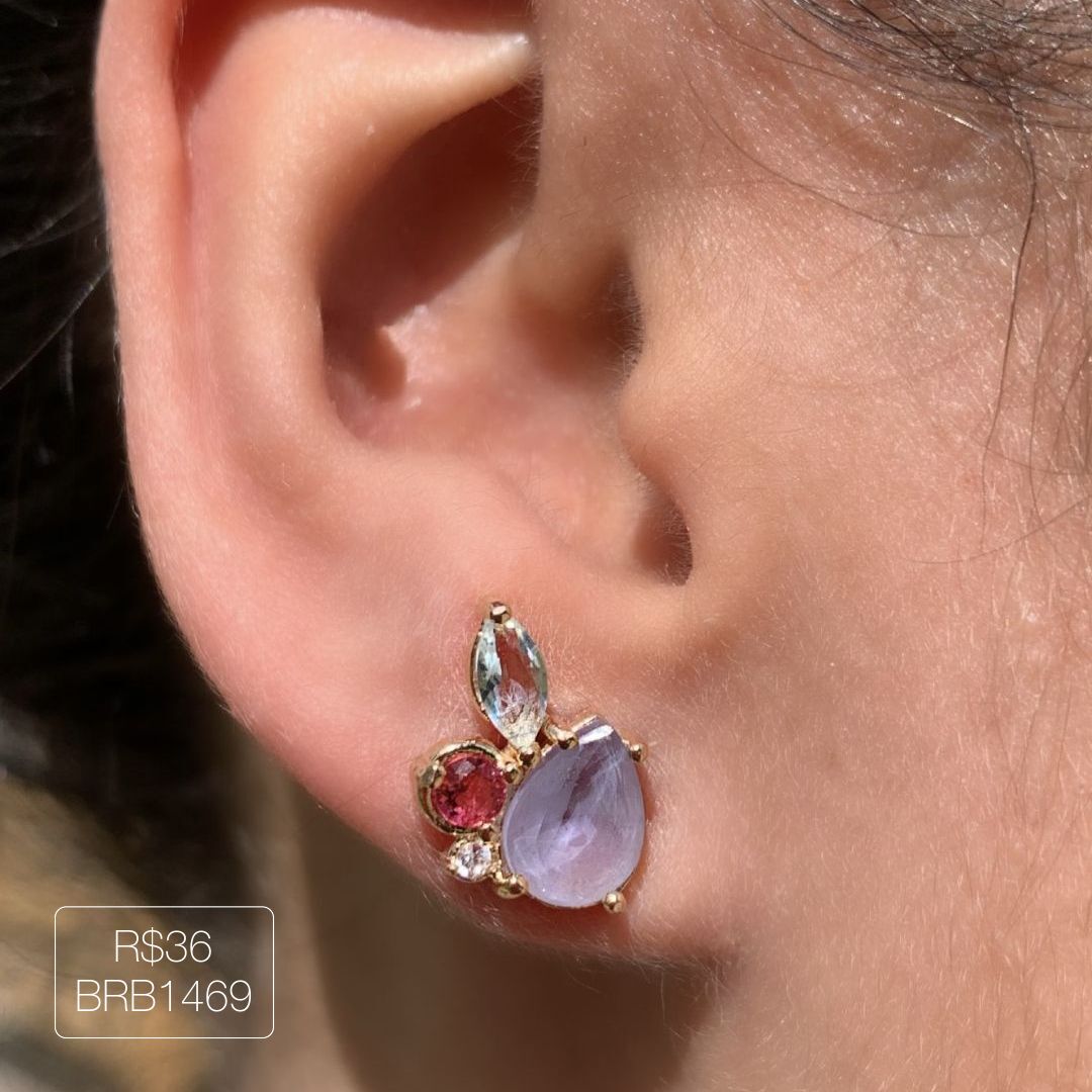 Brinco Gota Roxa C/ Navete + Red Ruby + Red Cristal Dourada